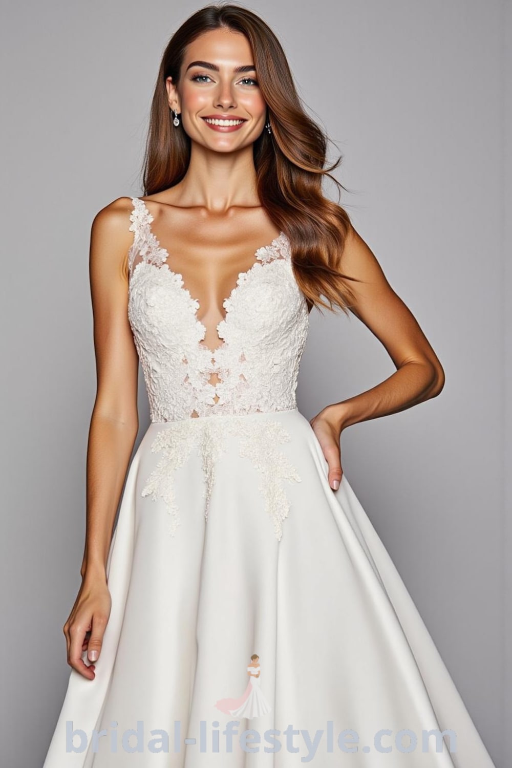 A stunning A-line wedding dress in soft satin with a flared skirt, deep V-neckline, intricate lace appliqués on the bodice, and a row of buttons at the back. bridal-lifestyle.com