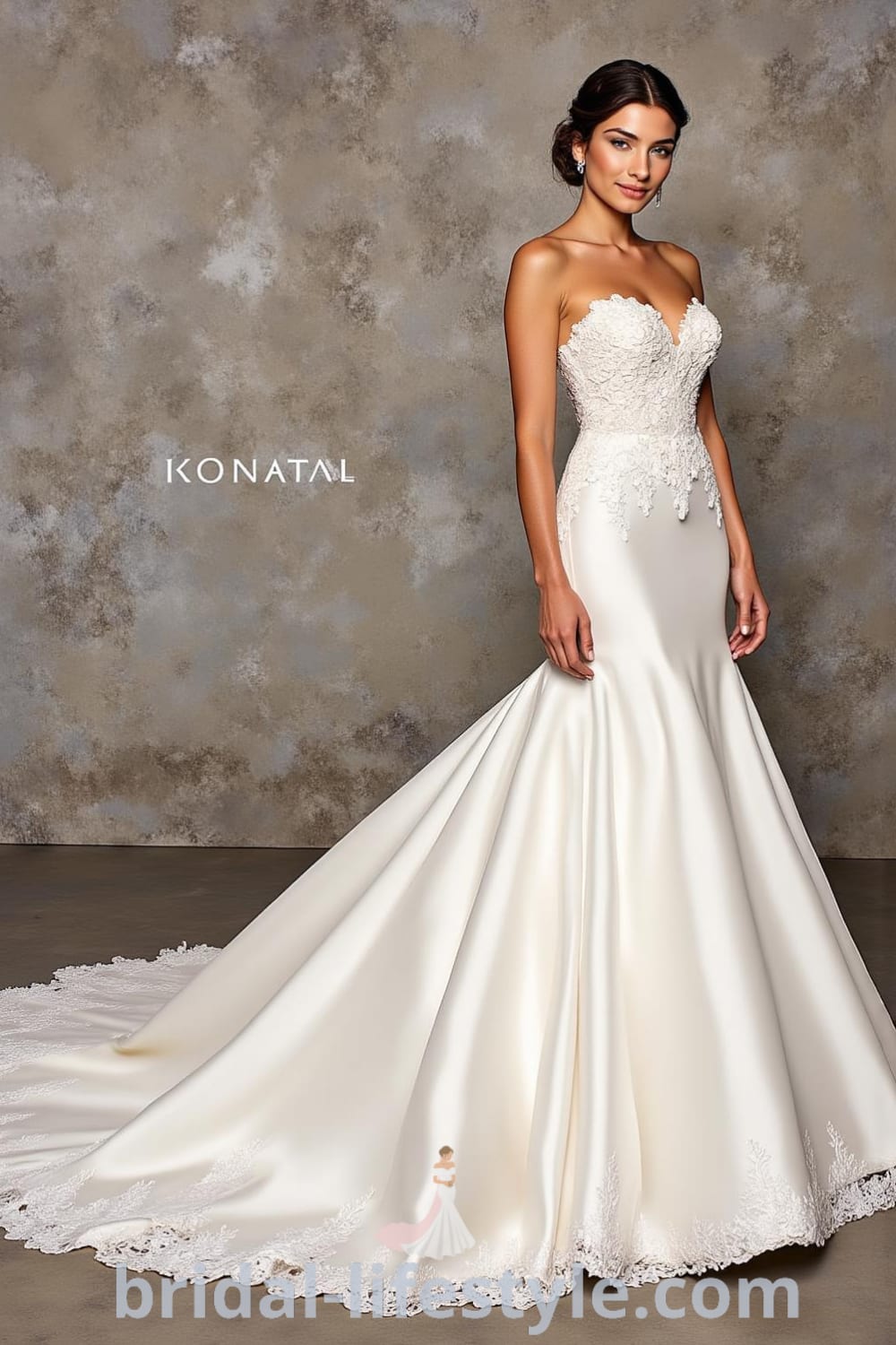 Mermaid wedding dress in luxurious satin with floral lace appliqués, sweetheart neckline, and a dramatic train, designed for elegance and romance. bridal-lifestyle.com