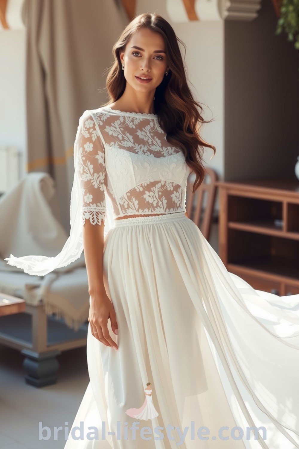 Boho two-piece wedding dress with lace crop top and chiffon skirt, featuring floral patterns, perfect for romantic outdoor ceremonies. bridal-lifestyle.com