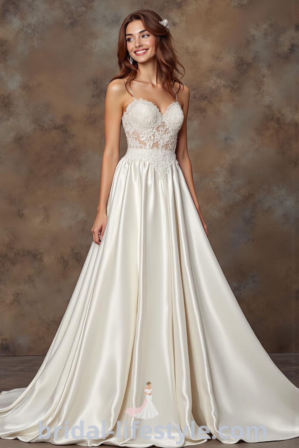 A-line wedding dress in satin with an embroidered lace bodice and a flowing skirt that cascades to the floor. bridal-lifestyle.com