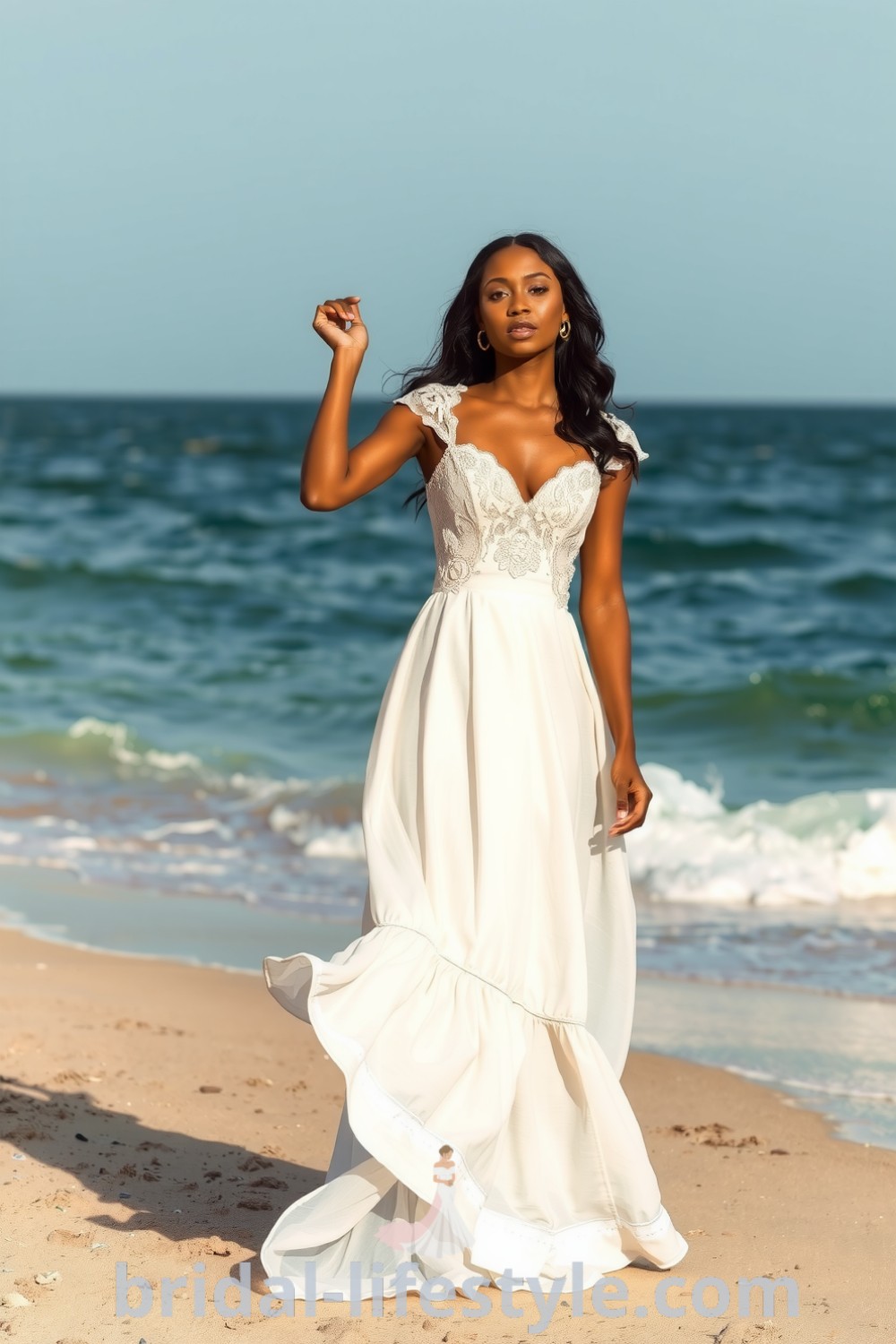 Elegant boho beach wedding dress made of flowing linen with lace details and cap sleeves, perfect for a dreamy seaside ceremony. bridal-lifestyle.com