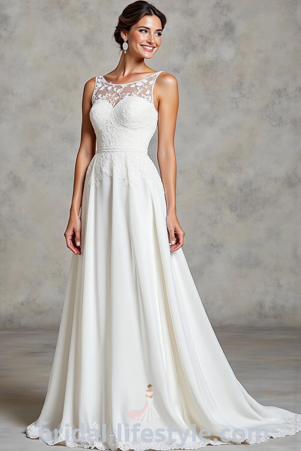 A-line wedding dress with luxurious satin, boat neck design, intricate lace appliqués, flowing skirt, delicate cap sleeves, and a subtle train. bridal-lifestyle.com