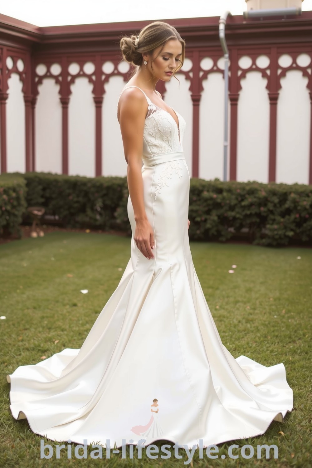 Fit and flare wedding dress made of satin, featuring intricate lace detailing on the bodice and a low back, designed for elegance and movement. bridal-lifestyle.com