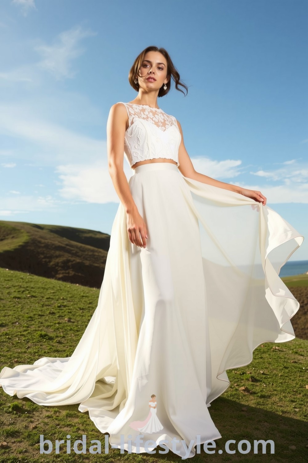 Boho two-piece wedding dress with a lace crop top and flowing chiffon A-line skirt, perfect for dreamy brides seeking elegance and comfort for their special day. bridal-lifestyle.com