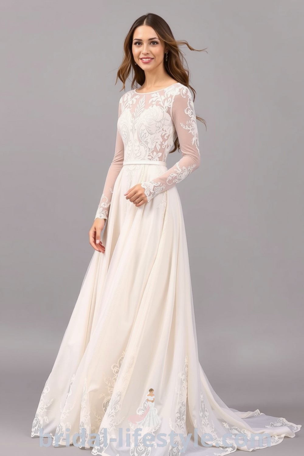 A radiant bride in a Boho long sleeve lace wedding dress featuring intricate floral lace and a flowing skirt. bridal-lifestyle.com