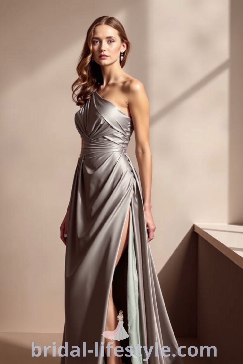 One-shoulder bridesmaid dress with a satin bodice, flowing skirt featuring a side slit, and subtle ruching, perfect for modern celebrations. bridal-lifestyle.com