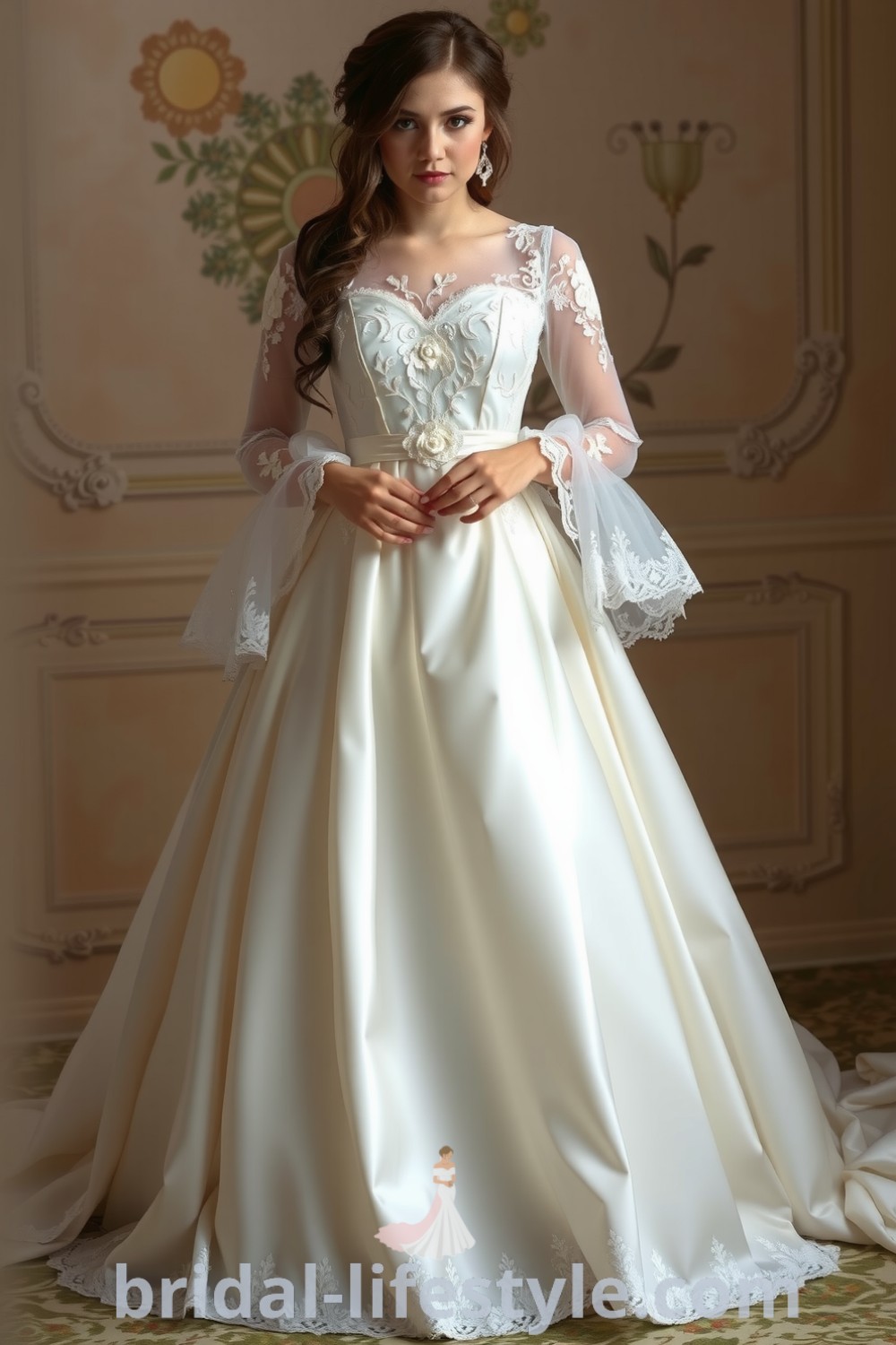 Vintage Victorian wedding dress featuring cascading satin, intricate lace, floral appliqués, and bell-shaped sleeves, embodying elegance and romance for dreamy brides. bridal-lifestyle.com