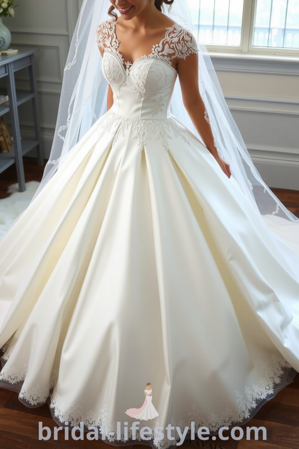 Elegant princess-style wedding dress crafted from luxurious satin with intricate lace appliqués and a lavishly layered skirt, featuring delicate cap sleeves, perfect for dreamy brides. bridal-lifestyle.com