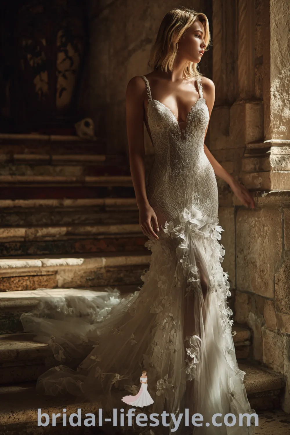 Romantic boho wedding dress with 3D floral appliques, enchanting floral gown details, tulle skirt accents, free-spirited bridal look.