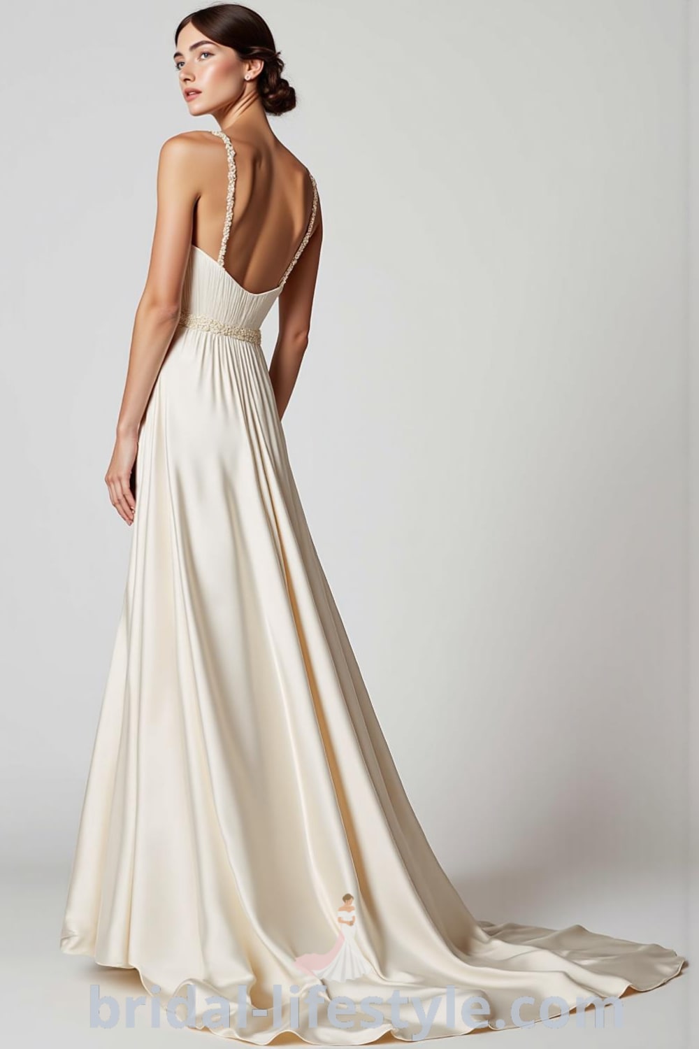 Minimalist satin wedding dress with boat neckline, open back, and modest train, designed for elegance and simplicity. bridal-lifestyle.com