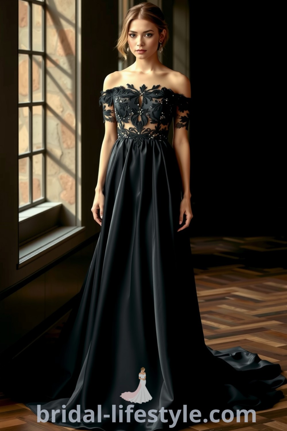 Black wedding dress with off-the-shoulder neckline, luxurious satin fabric, intricate lace overlays, and shimmering bead accents. bridal-lifestyle.com