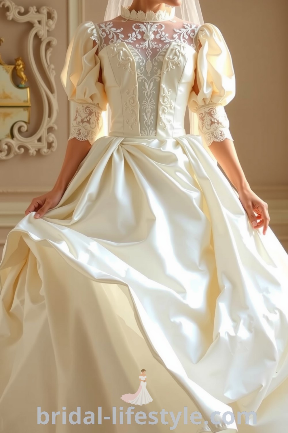 A captivating vintage Victorian wedding dress in soft ivory satin with a fitted bodice, intricate lace detailing, elegantly flared skirt, and puff sleeves, ideal for dreamy brides seeking timeless elegance. bridal-lifestyle.com