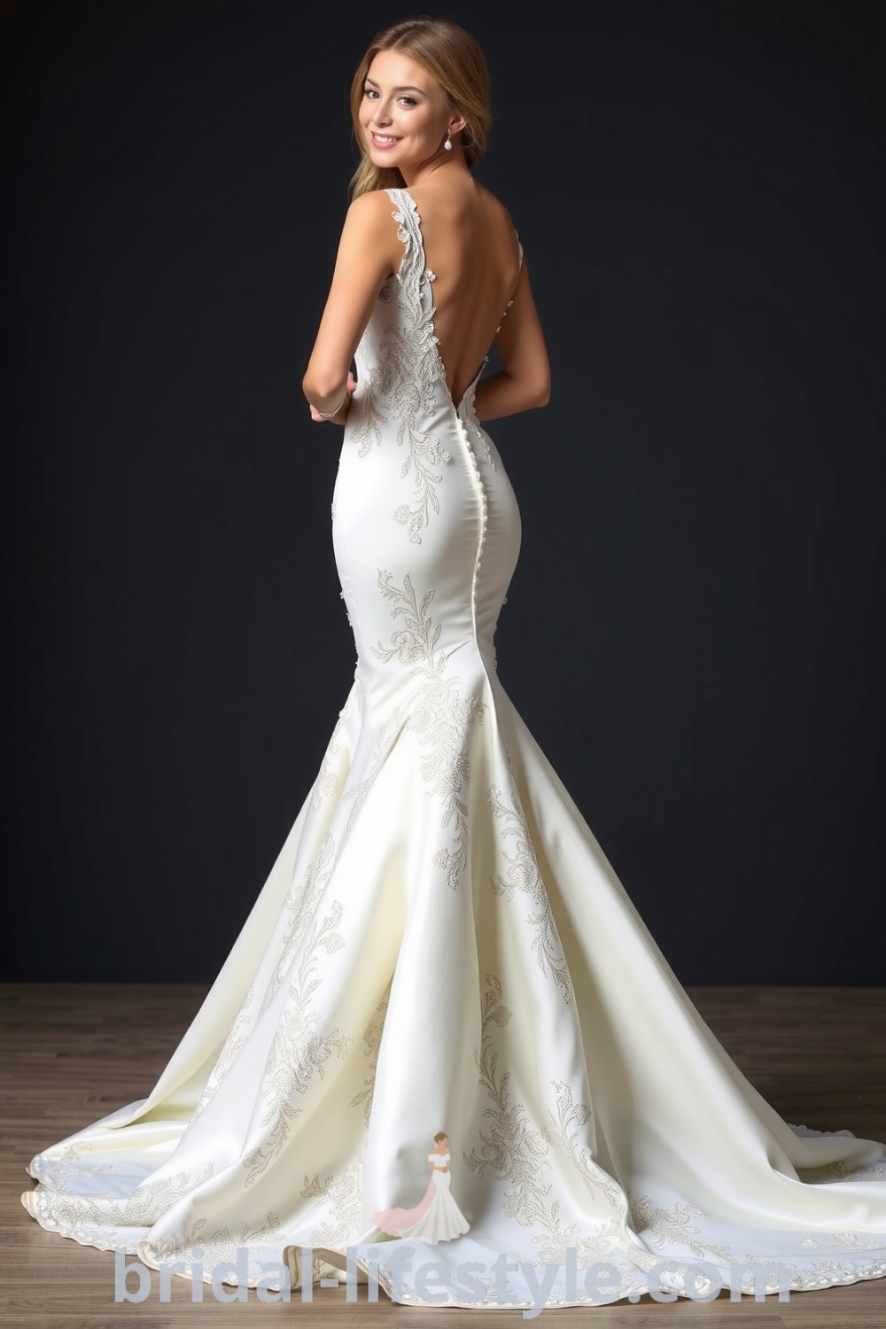 Mermaid wedding dress with elegant open back, luxurious lace and satin fabric, and intricate floral patterns, designed for dreamy brides. bridal-lifestyle.com