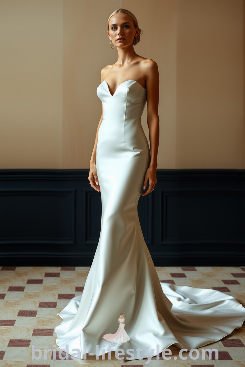 Mermaid wedding dress made of luxurious satin, elegantly hugging the bride