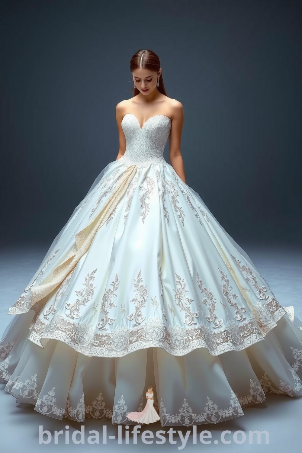 Princess wedding dress with shimmering satin and tulle layers, intricate lace appliqués, a sweetheart neckline, and a voluminous, sparkling skirt, ideal for the special day. bridal-lifestyle.com