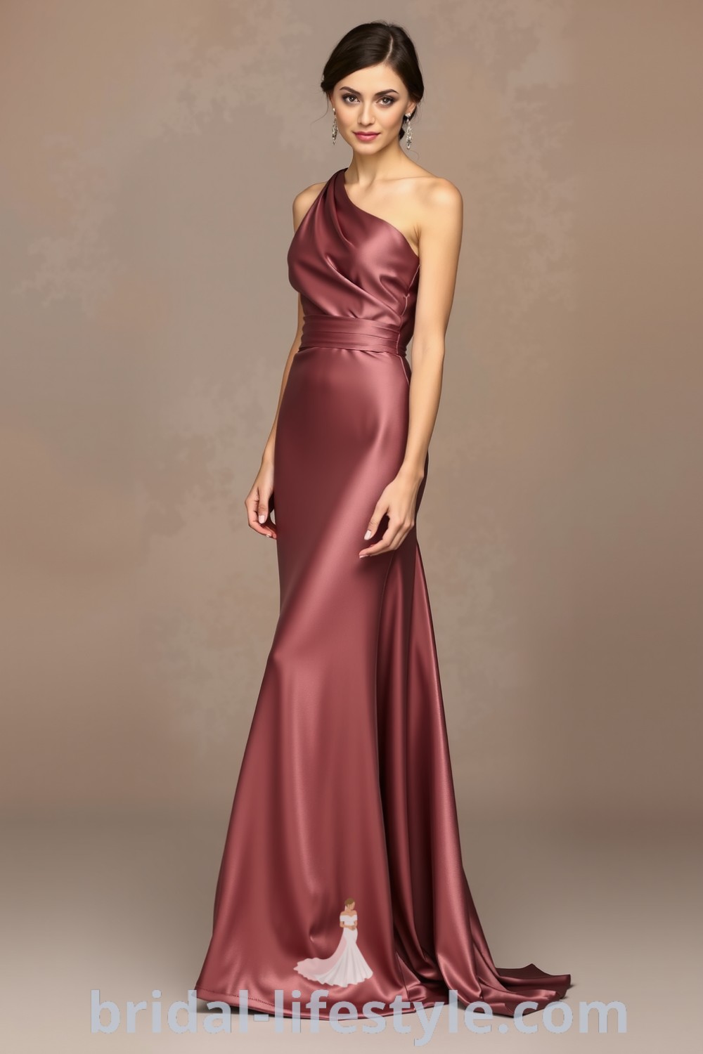 One-shoulder bridesmaid dress with flowing side slit skirt, soft satin fabric, and delicate ruching at the waist, offering an elegant silhouette for any wedding. bridal-lifestyle.com