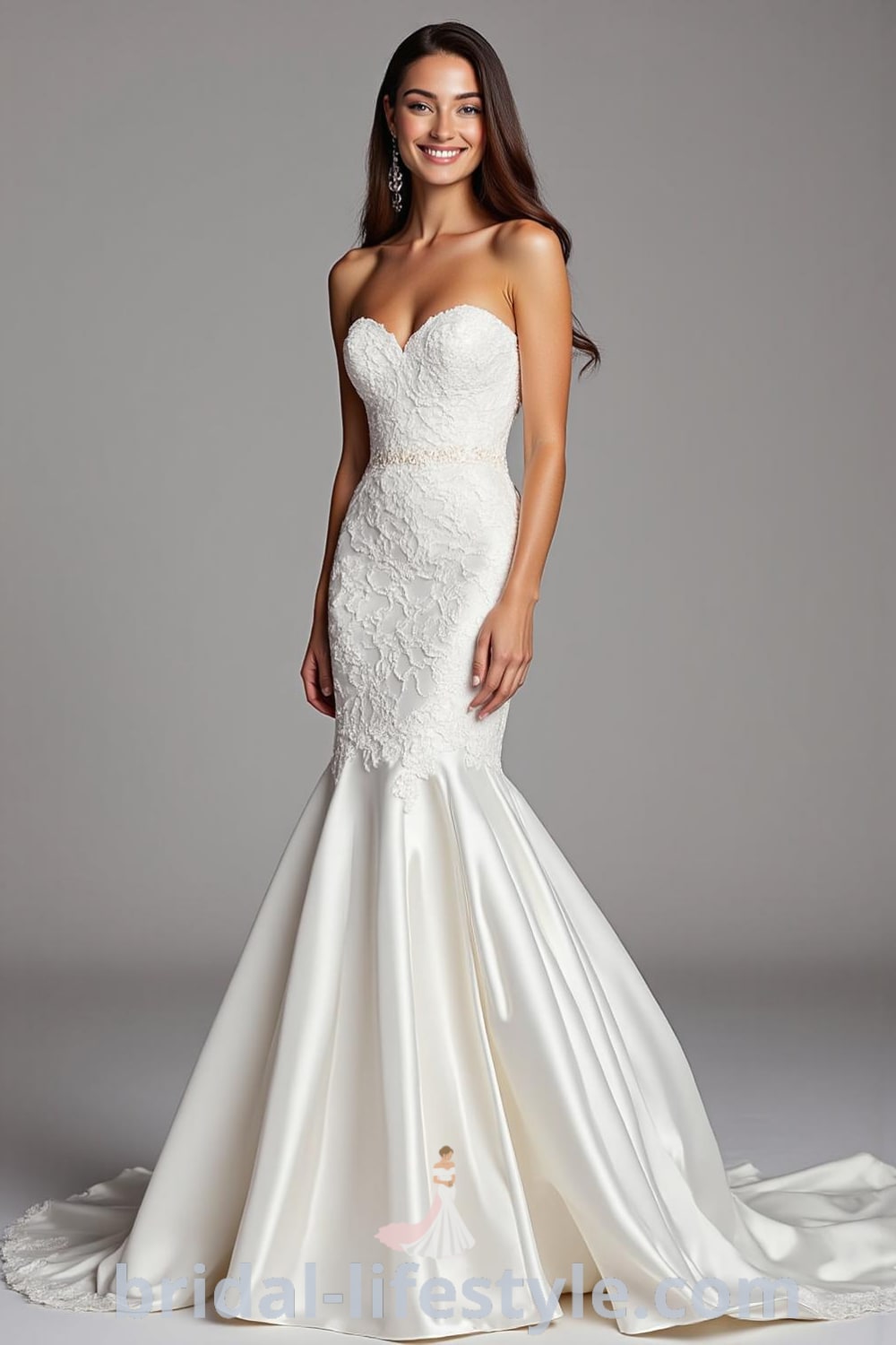 Mermaid wedding dress with strapless silhouette, luxurious satin fabric, dramatic flared skirt, and intricate lace appliqués, featuring a sweetheart neckline. bridal-lifestyle.com