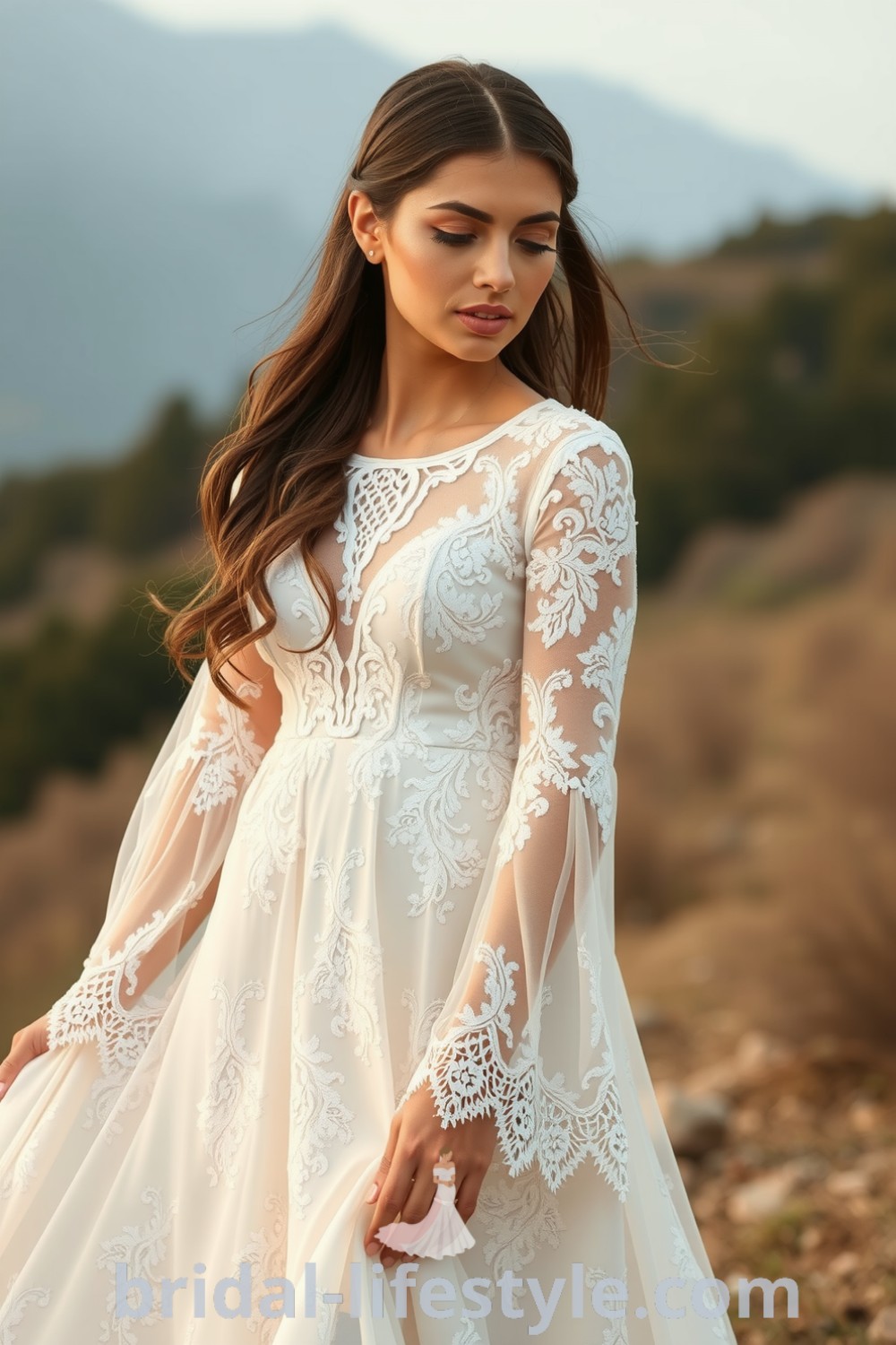 Boho long sleeve lace wedding dress with intricate floral patterns, flowing sleeves, and delicate lace trim, designed to enhance the bride