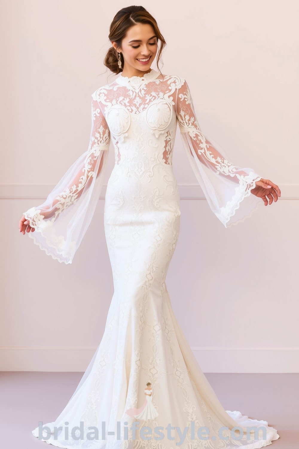 A radiant bride in a long-sleeve lace wedding dress with intricate detailing, soft sleeves, and a flowing silhouette perfect for an outdoor wedding. bridal-lifestyle.com