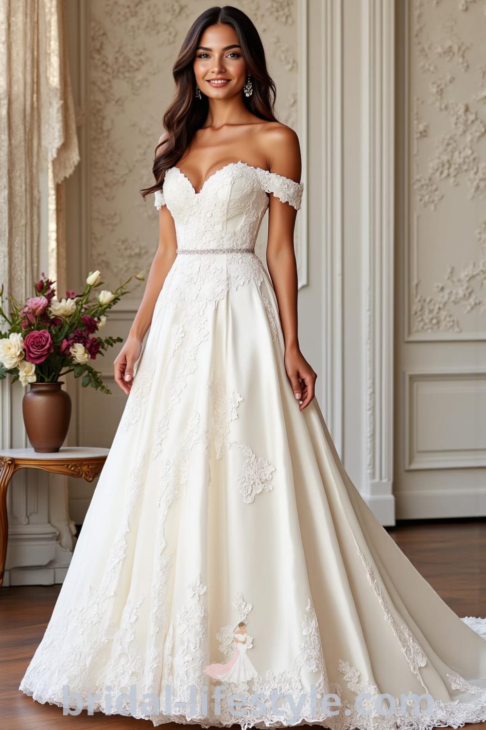 A-line wedding dress with off-the-shoulder satin sleeves, floral lace appliqués cascading down the skirt, and an elegant train, featuring a sweetheart neckline. bridal-lifestyle.com
