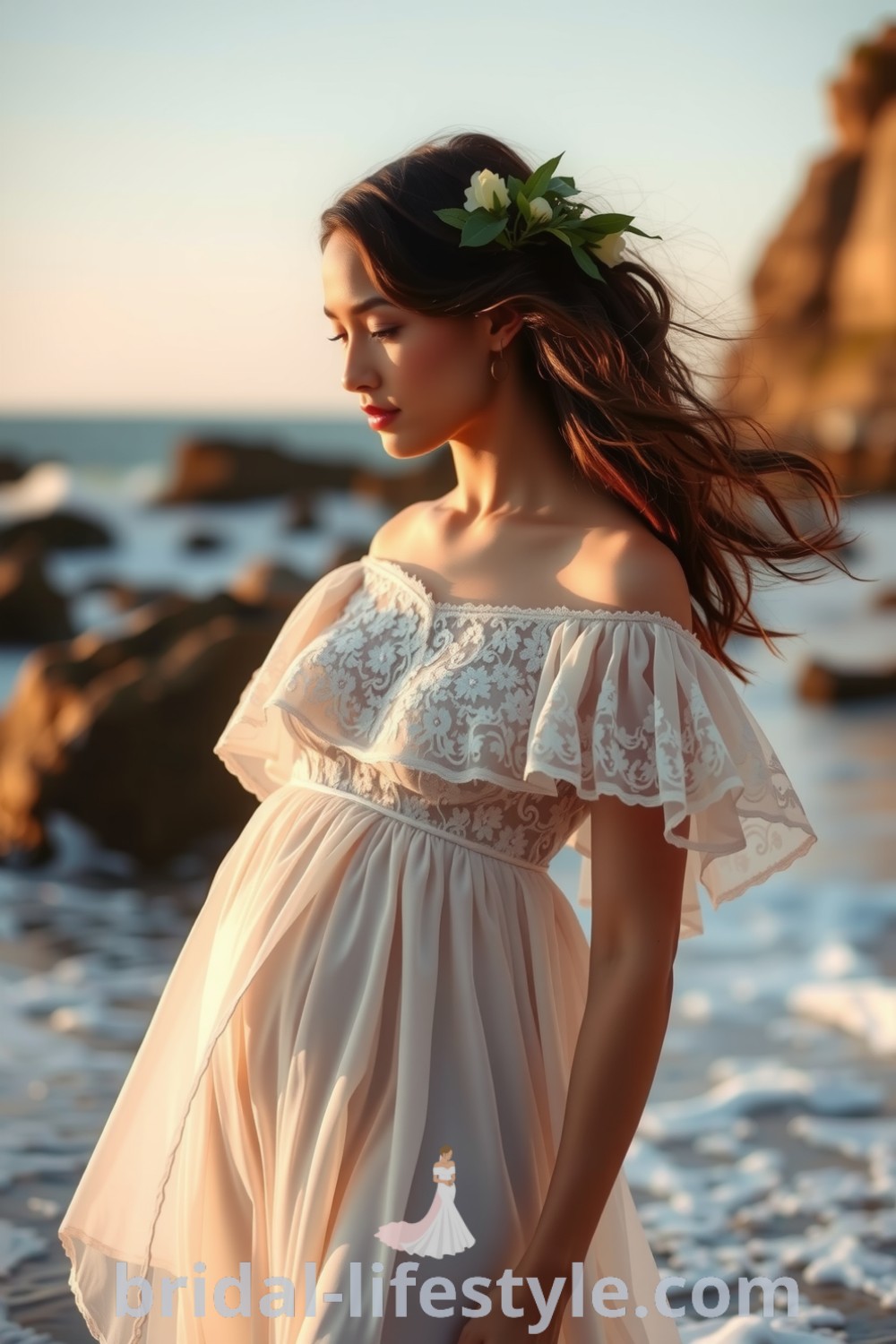 Ethereal boho beach wedding dress featuring lace and chiffon with an off-the-shoulder neckline, billowing sleeves, and floral embroidery, perfect for dreamy brides seeking elegance for their special day. bridal-lifestyle.com