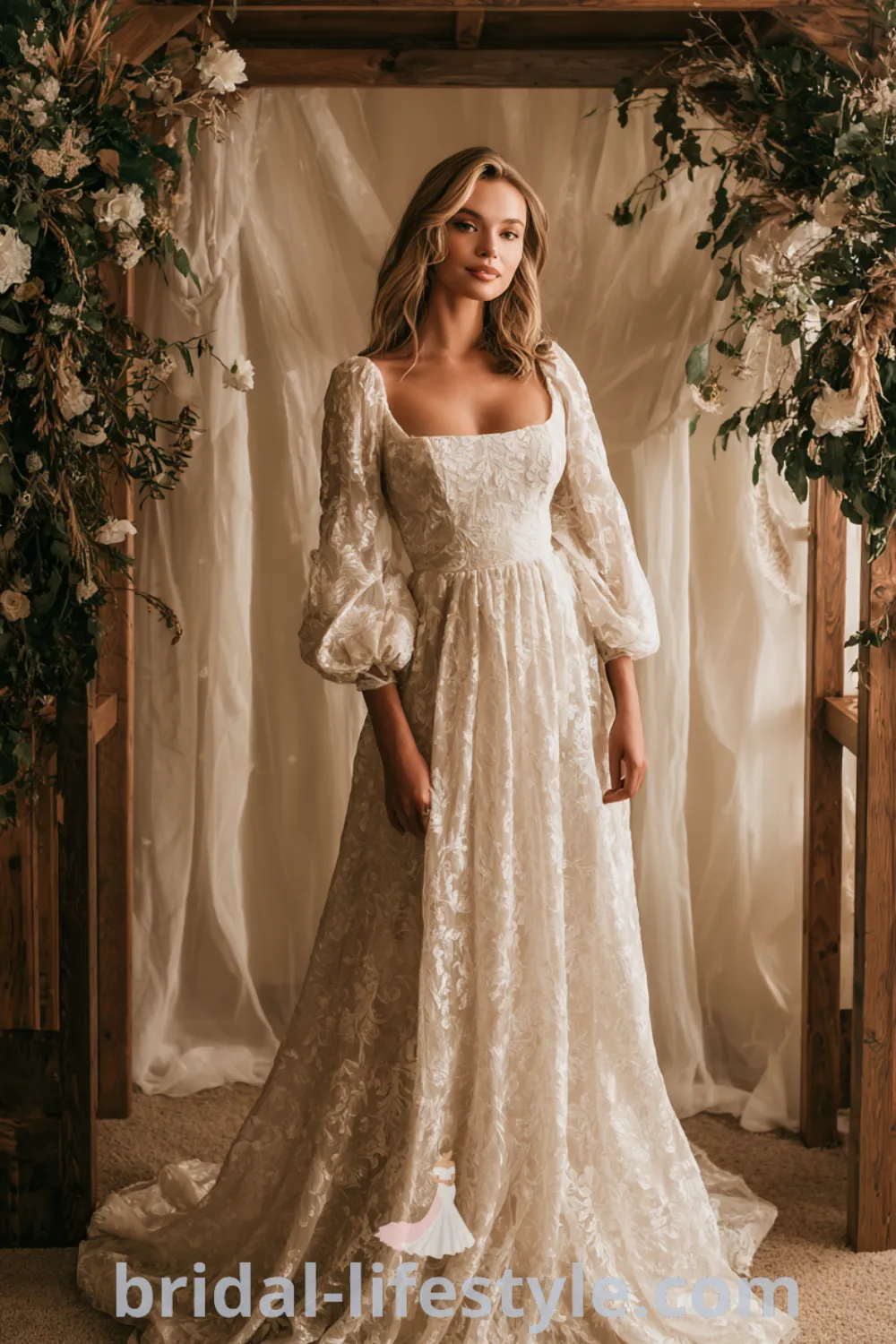 Bohemian floral wedding gown with A-line silhouette, delicate floral lace patterns, dreamy wedding dress, vintage-inspired bridal look.
