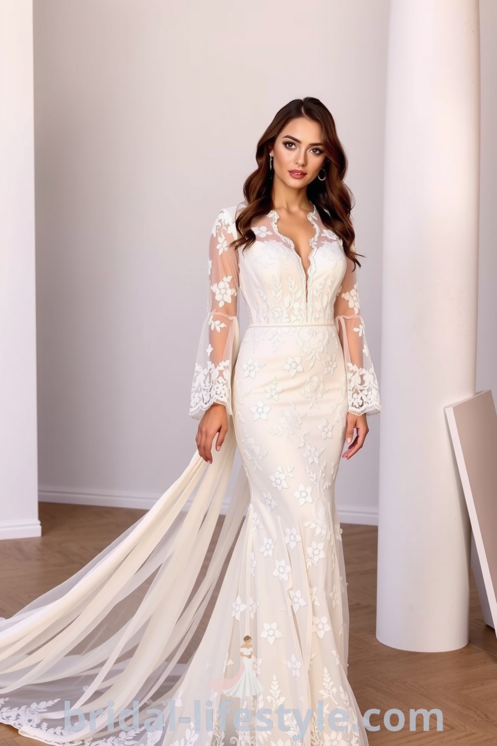Boho long sleeve lace wedding dress with floral lace appliqués, billowy sleeves, softly cinched waist, and a flowing train, ideal for outdoor weddings. bridal-lifestyle.com