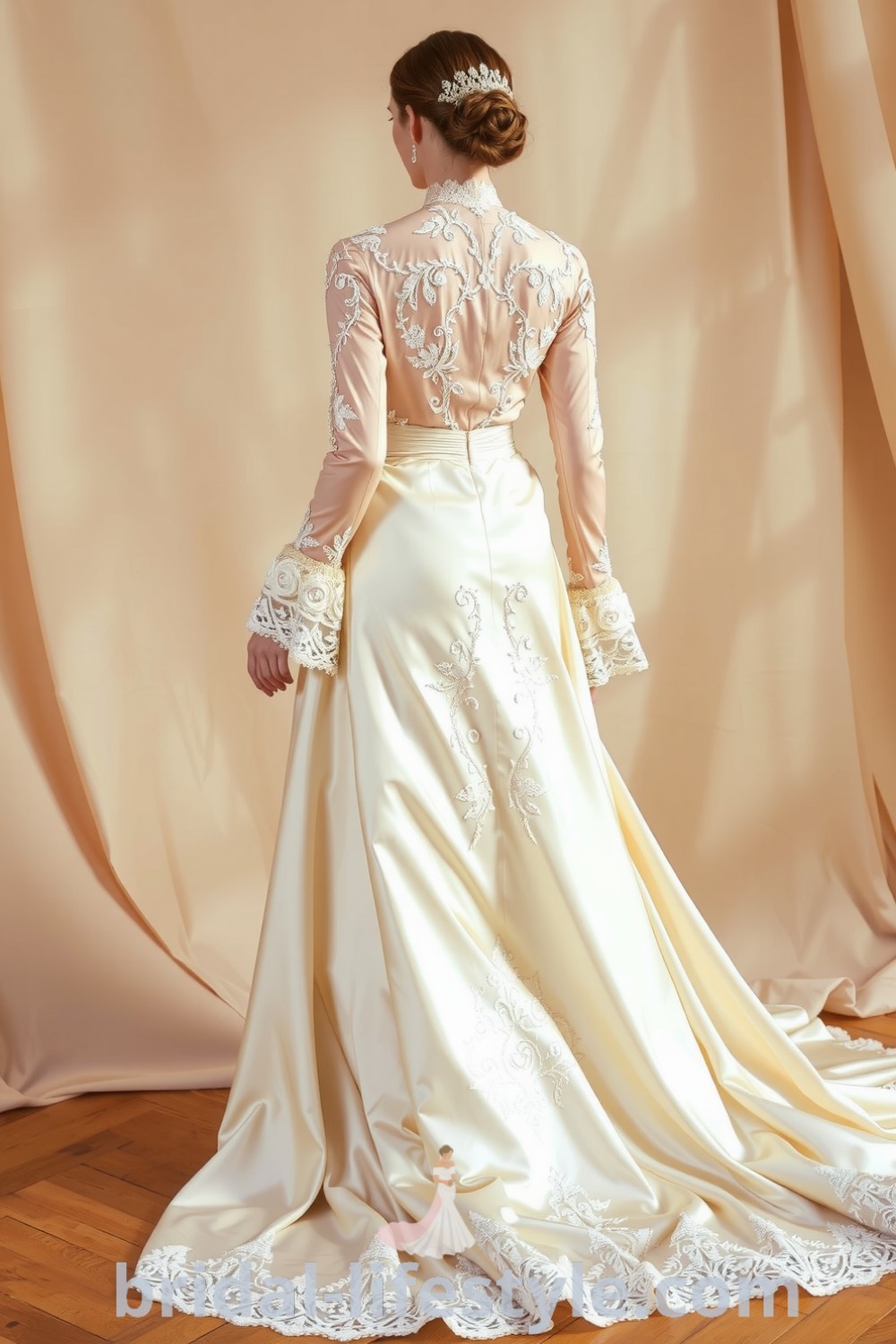 A vintage Victorian wedding dress with a regal silhouette, satin fabric, intricate lace overlays, and delicate embroidery, featuring long bell sleeves and a high neckline. bridal-lifestyle.com