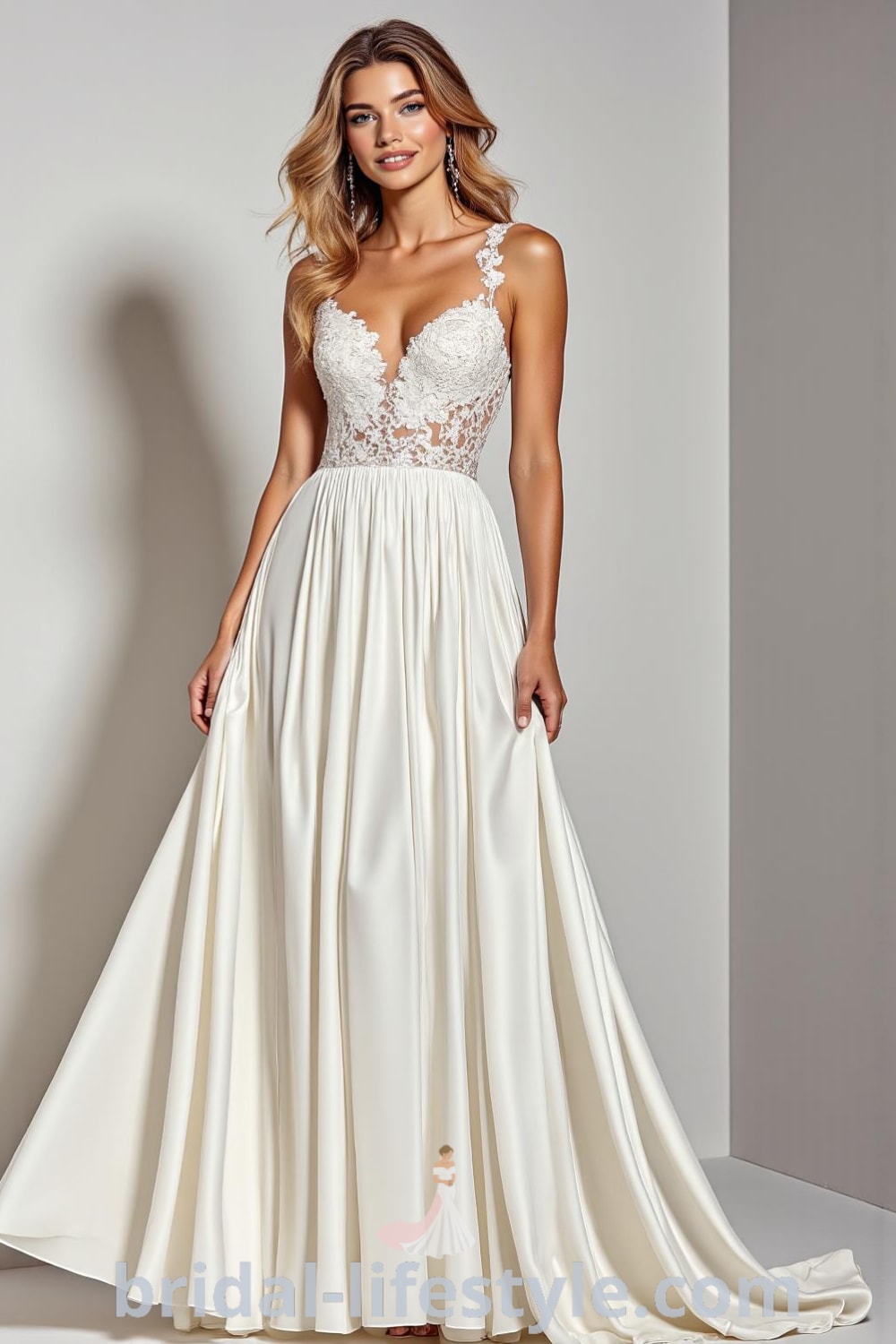 A-line wedding dress with a V-neckline, draped satin skirt, intricate lace appliqués on the bodice, and delicate lace details at the back. bridal-lifestyle.com