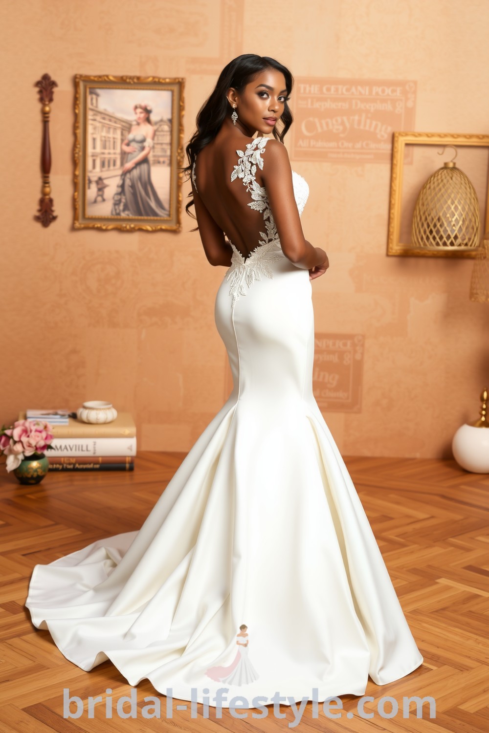 Fit and flare wedding dress with open back, luxurious satin fabric, and lace appliqués on sweetheart neckline, modeled by a Black bride. bridal-lifestyle.com