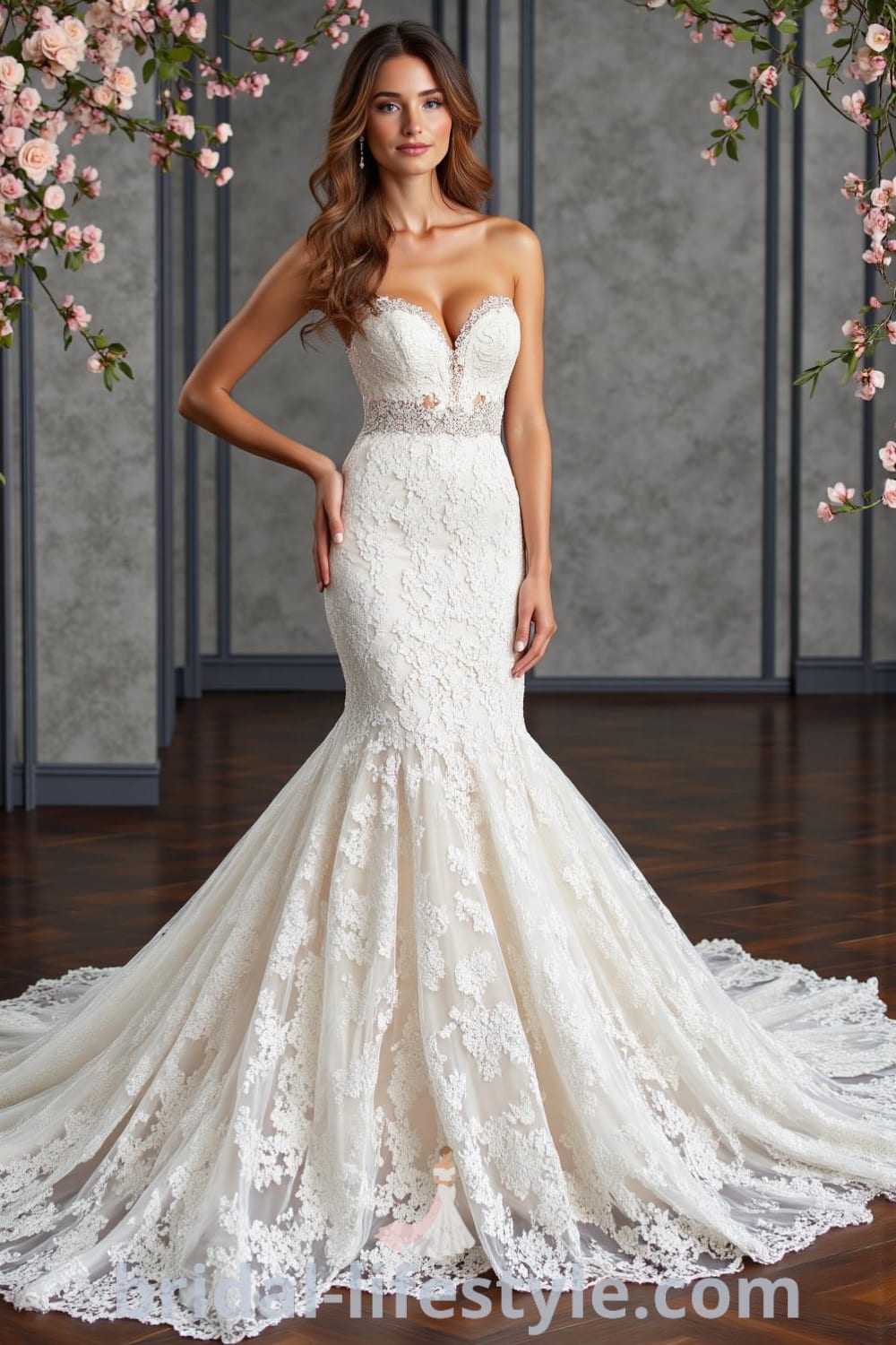 Mermaid wedding dress made of intricate lace with a sweetheart neckline, flaring at the knees and featuring a delicate train. bridal-lifestyle.com