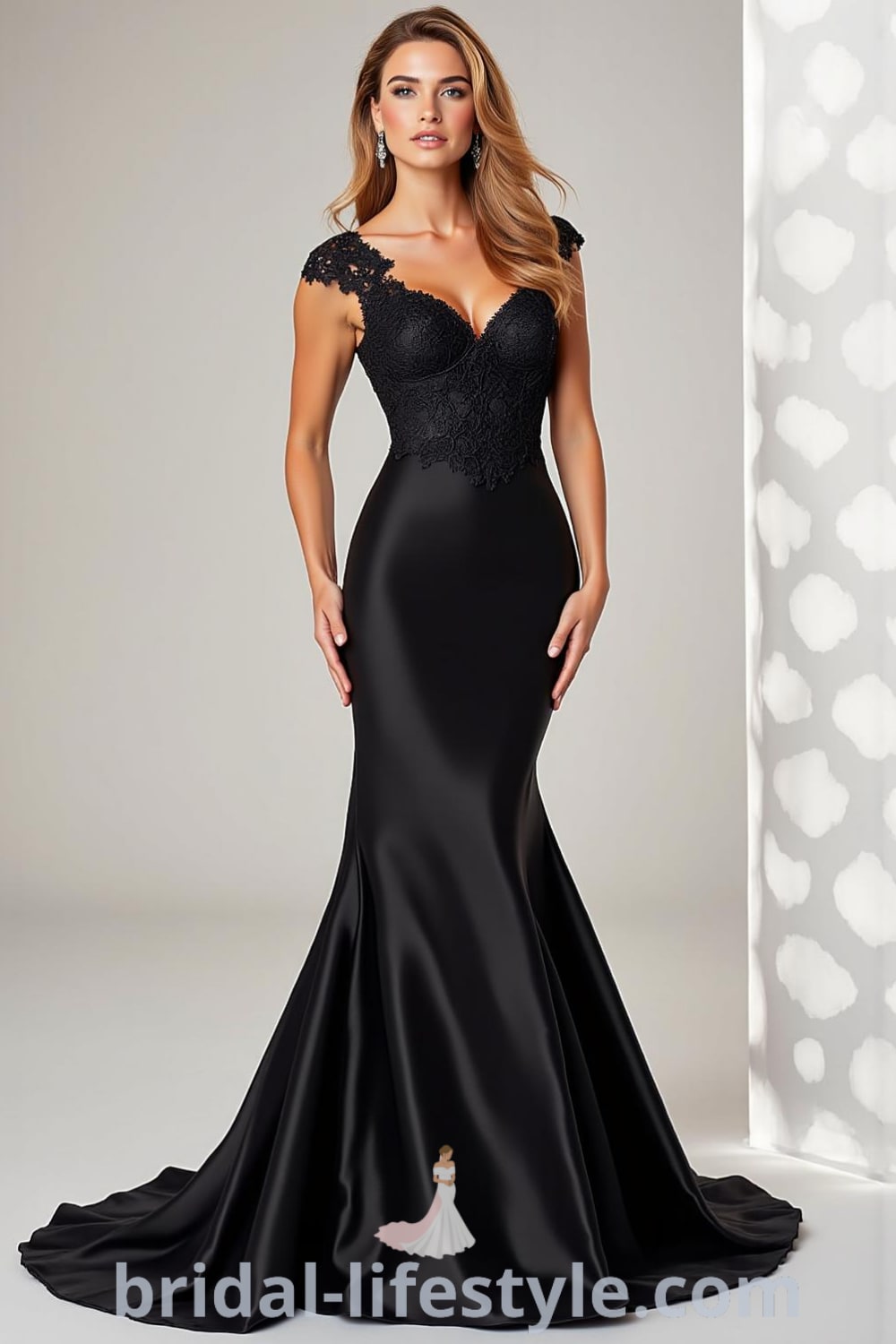 A striking black satin mermaid wedding dress with lace detailing at the sweetheart neckline and shoulders, flaring dramatically at the knee. pinshoesoutfits.com