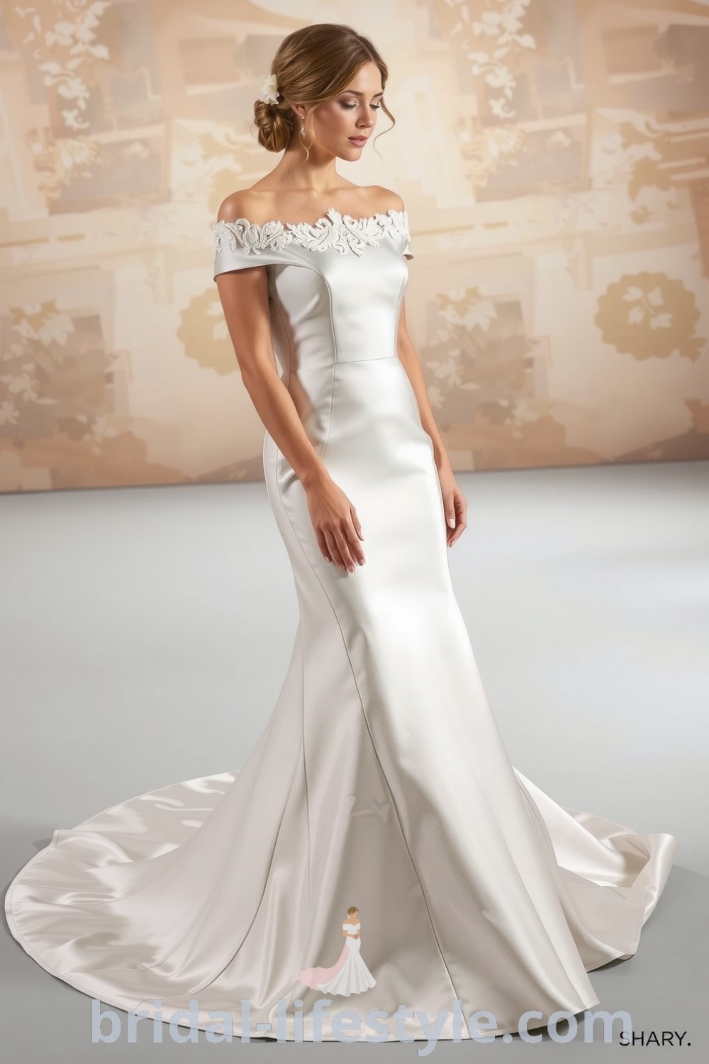 Elegant fit and flare satin wedding dress with off-the-shoulder neckline and lace detailing, designed for dreamy brides seeking inspiration for their special day. bridal-lifestyle.com