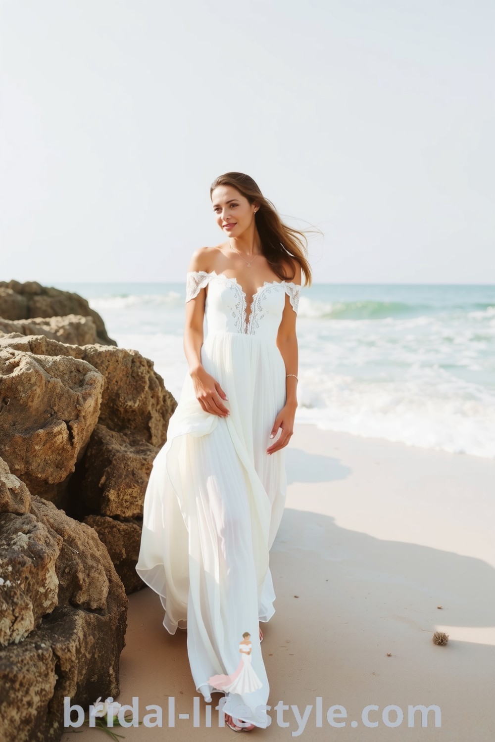Boho beach wedding dress made of flowing chiffon with off-the-shoulder neckline and lace detailing, featuring a relaxed silhouette for a dreamy bridal look. bridal-lifestyle.com