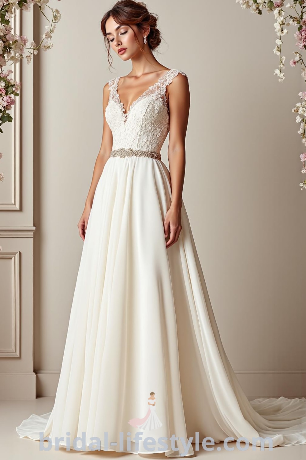 A-line wedding dress with intricate lace detailing, soft satin skirt, and illusion neckline; perfect for a timeless and elegant bridal look. bridal-lifestyle.com