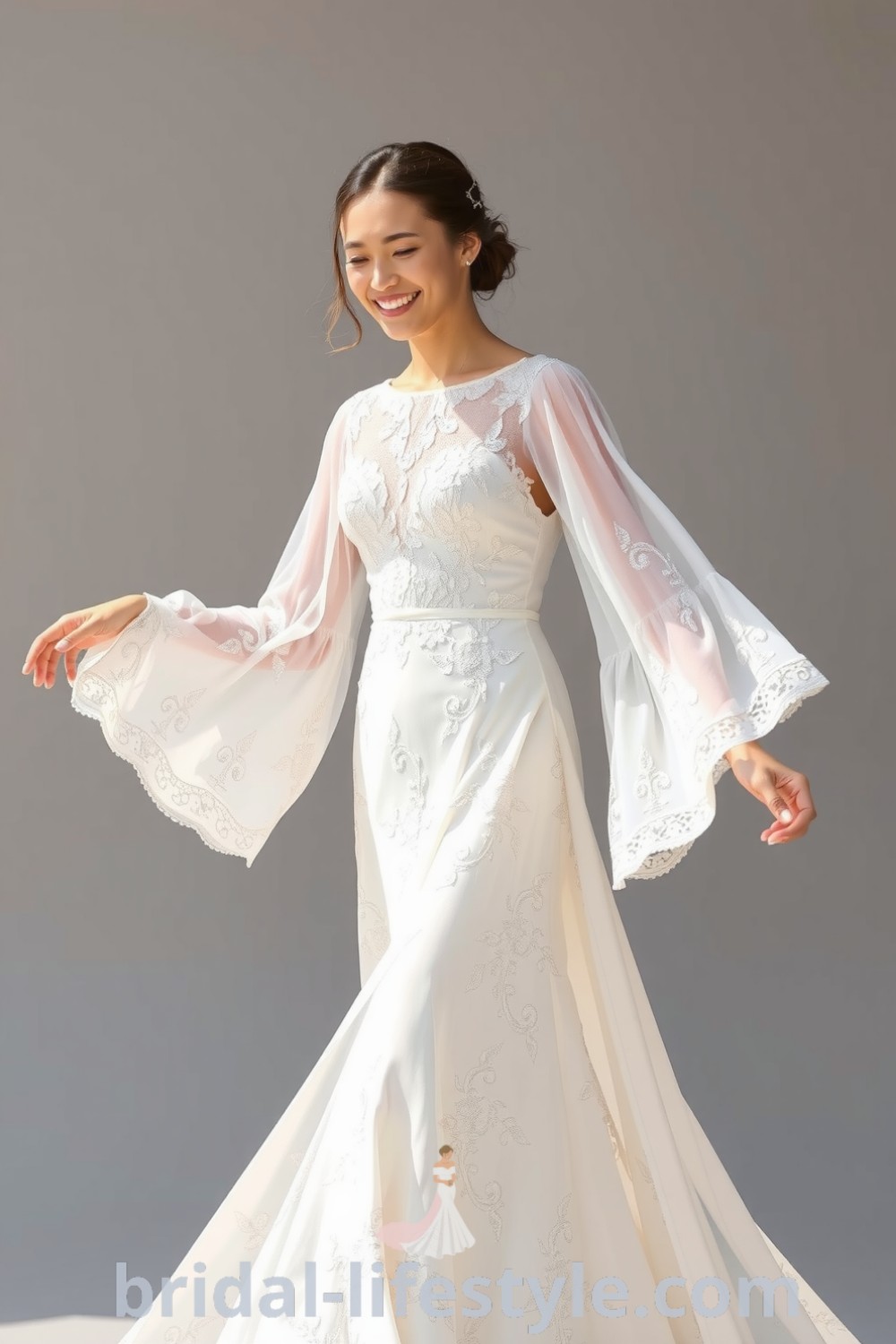 An elegant boho wedding dress featuring soft lace, billowing sleeves, and a flowing skirt adorned with floral embroidery, ideal for dreamy brides seeking inspiration for their special day. bridal-lifestyle.com
