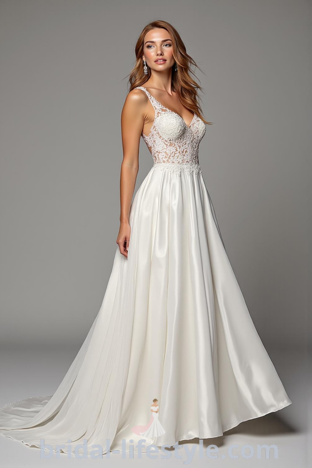 A-line wedding dress with sweetheart neckline, intricate lace detailing on the bodice, flowing satin skirt, and delicate illusion panels at the back. bridal-lifestyle.com