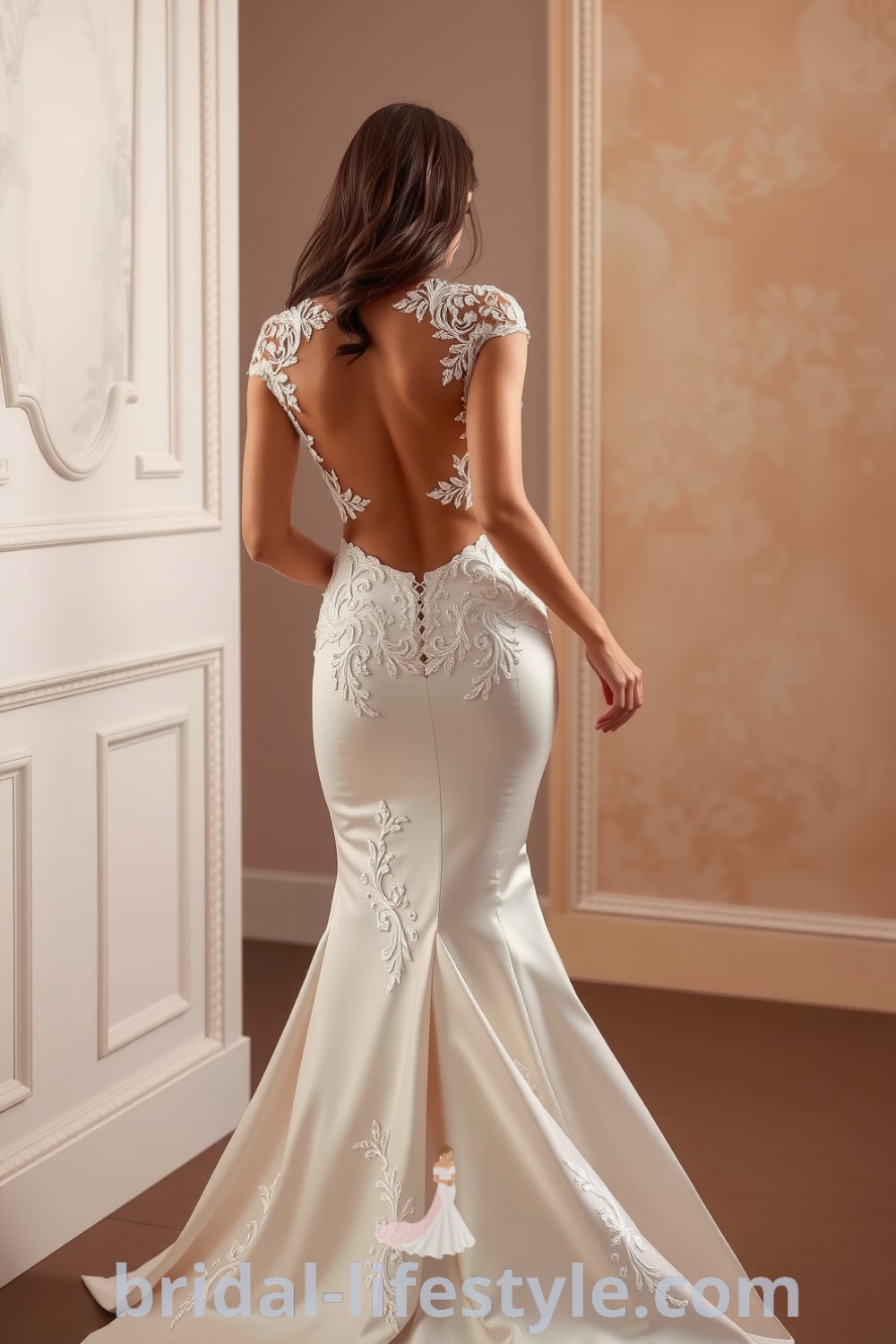 Mermaid wedding dress made of luxurious satin with an open back and lace appliqués, featuring a dramatic train for an elegant look. bridal-lifestyle.com