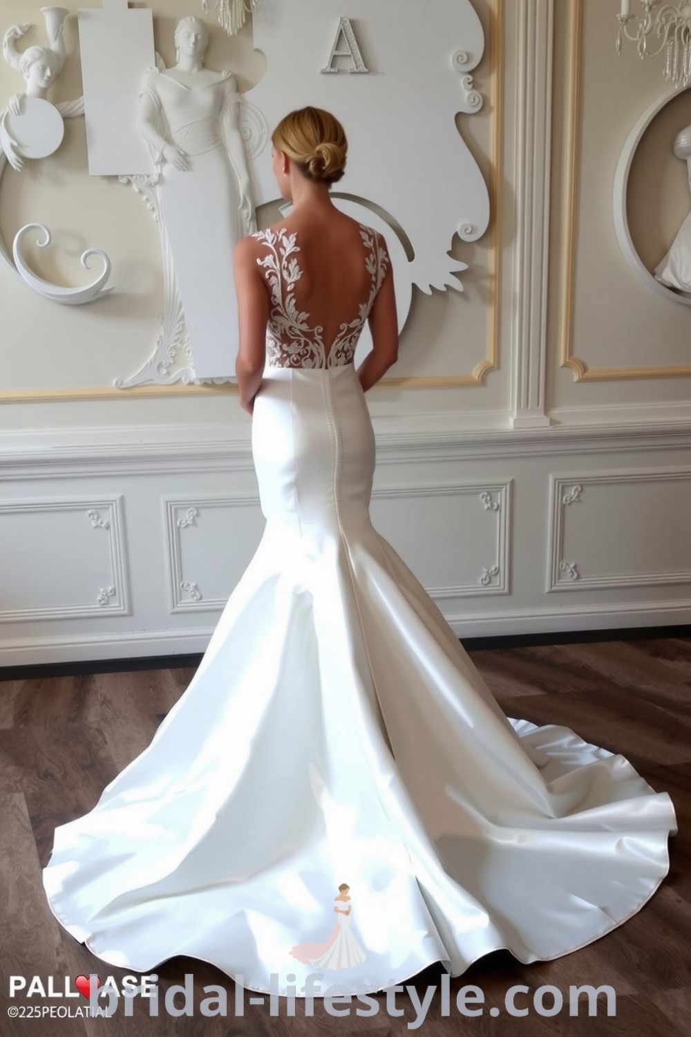 Stunning mermaid wedding dress in luxurious satin with intricate lace detailing on the open back, featuring a flared silhouette that enhances the bride
