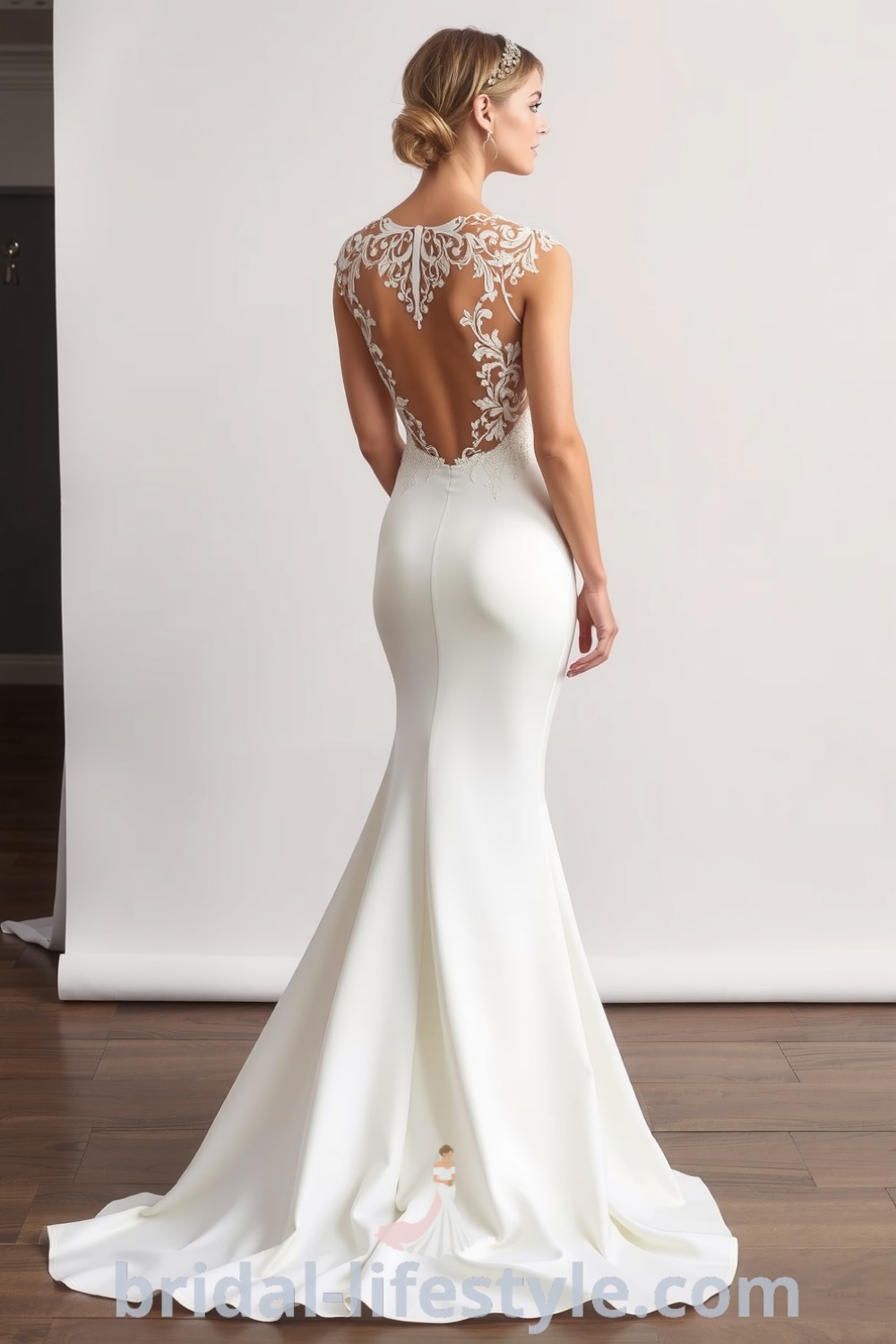 Elegant mermaid wedding dress with lace overlay, open back design, and shimmering fabric, perfect for modern brides seeking dreamy inspiration for their special day. bridal-lifestyle.com