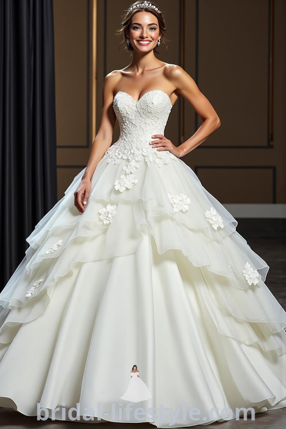 A stunning fairytale-inspired princess ballgown featuring layers of satin and tulle, adorned with floral lace appliqués on a sweetheart neckline, and a voluminous skirt cascading elegantly to the floor. bridal-lifestyle.com