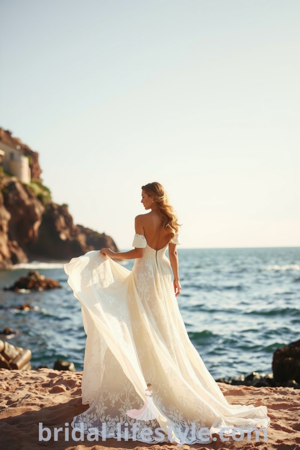 Boho beach wedding dress with lace, A-line silhouette, embroidered floral motifs, plunging back, and off-the-shoulder sleeves, ideal for free-spirited brides. bridal-lifestyle.com