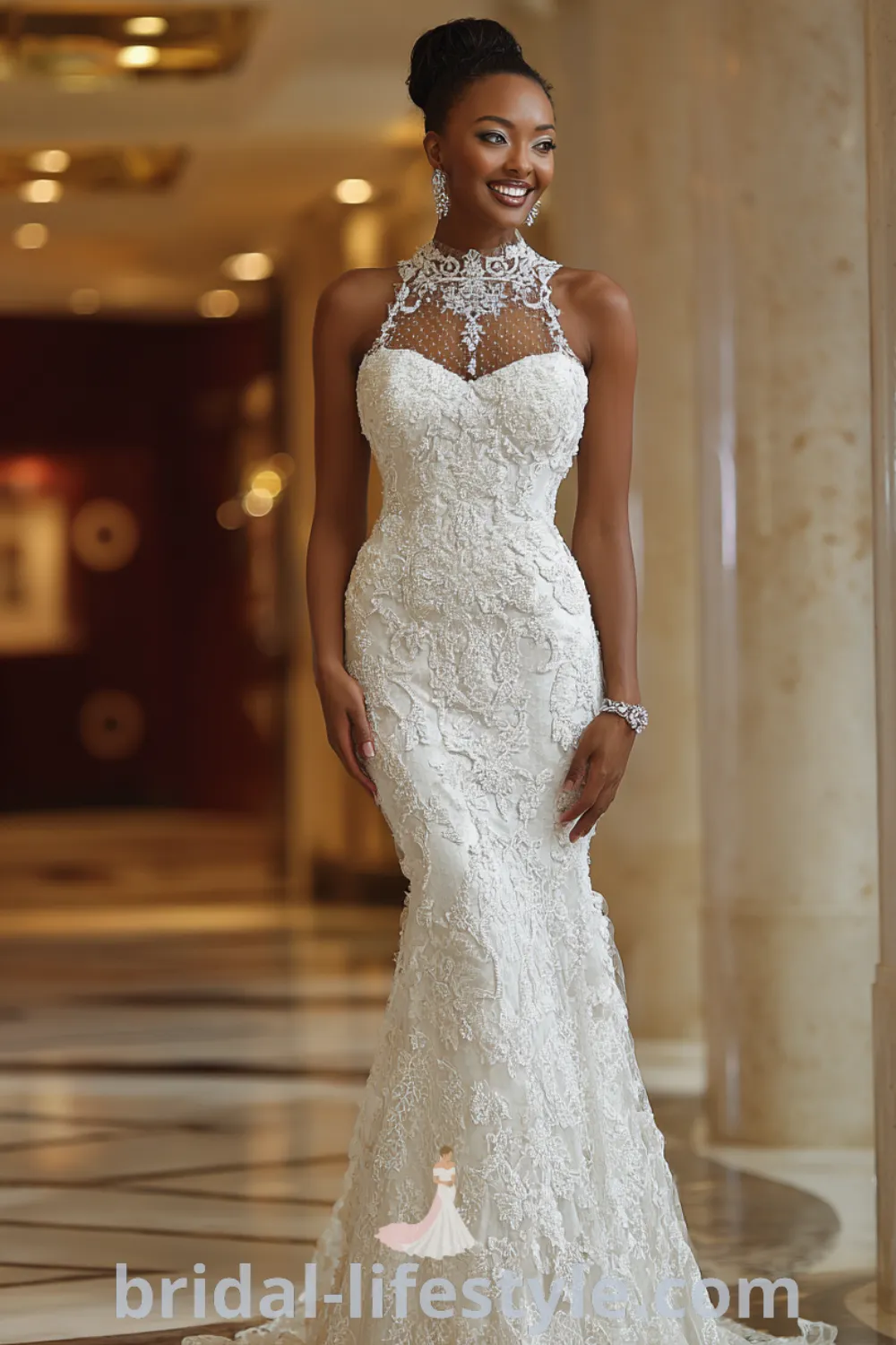 Glamorous lace mermaid gown with beadwork, illusion lace bodice, open back details, and luxurious wedding setting.