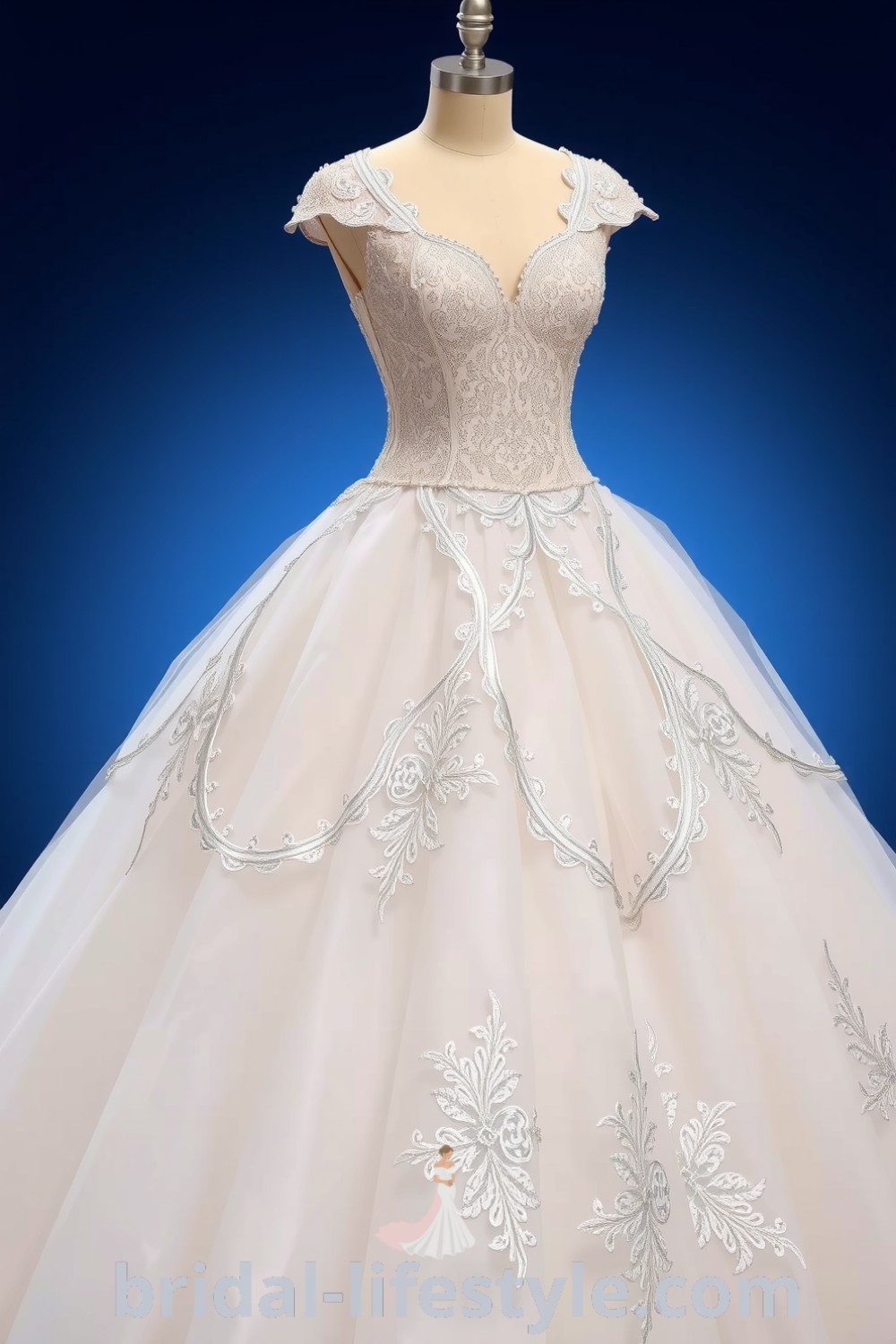 Elegant princess gown featuring a fitted bodice, voluminous tulle skirt, glistening sequins, and delicate lace appliqués for dreamy brides, perfect for the special day. bridal-lifestyle.com