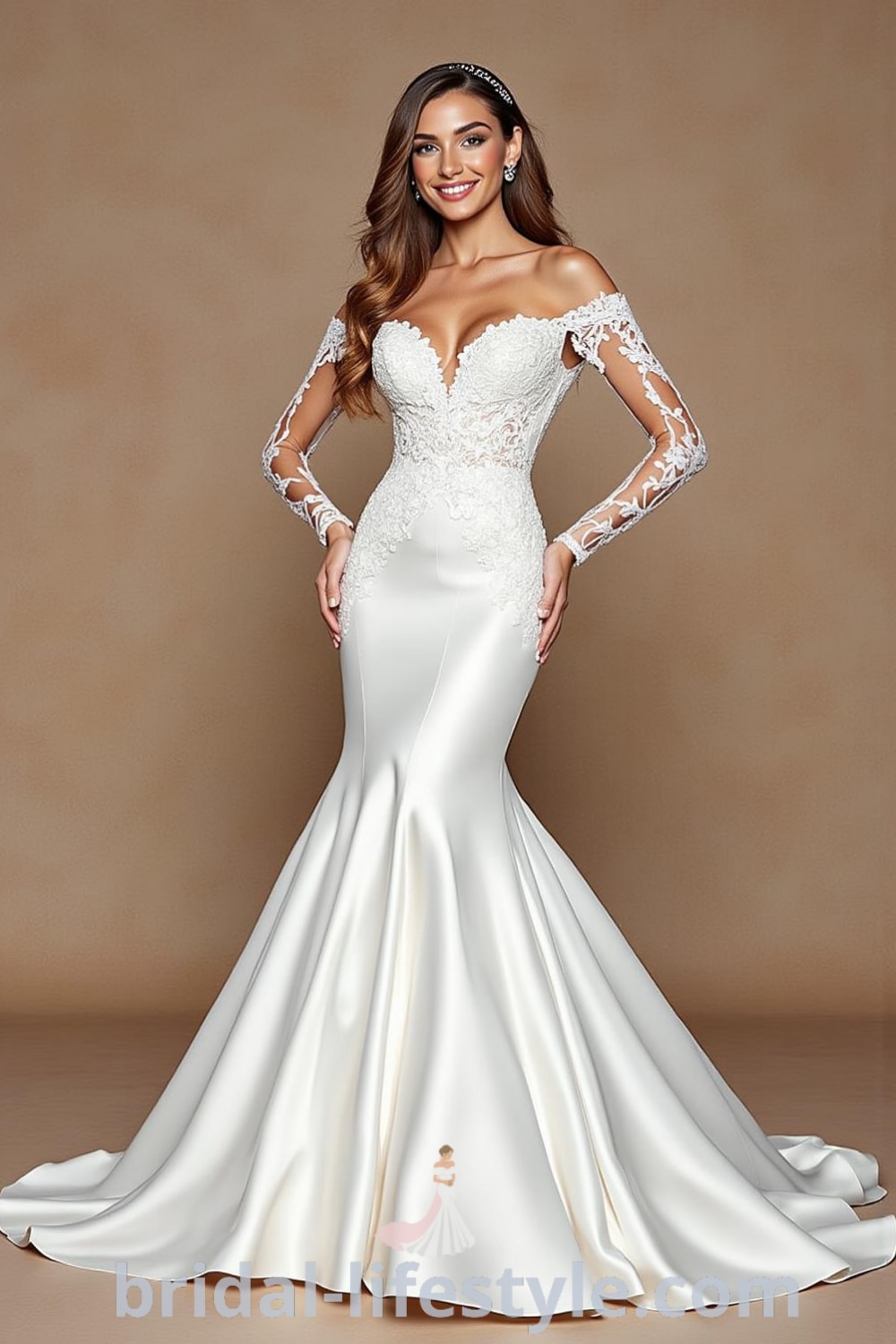 A stunning mermaid wedding dress with an embroidered lace bodice, dramatic flared skirt, luxurious satin train, and detachable off-the-shoulder sleeves. bridal-lifestyle.com
