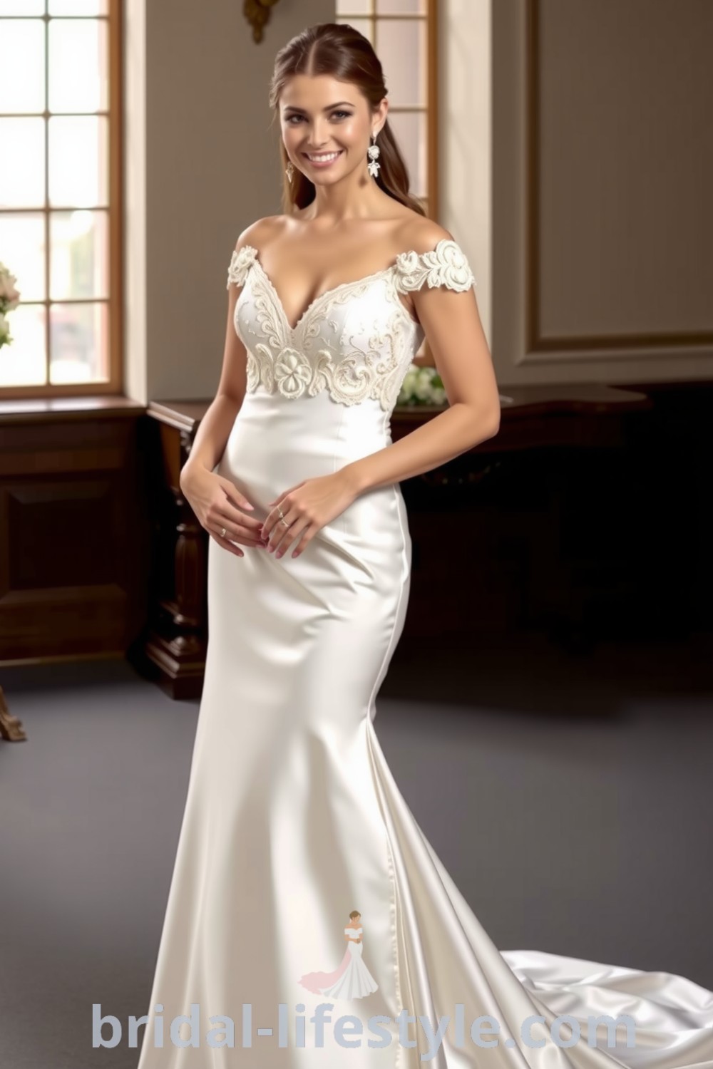 Elegant mermaid wedding dress made from luxurious satin with lace appliqués, sweetheart neckline, and detachable skirt for enchanting movement. bridal-lifestyle.com