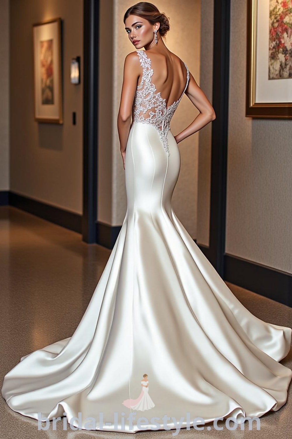 Mermaid wedding dress in luxurious satin with lace appliqués on the sweetheart neckline, flared skirt cascading into a dramatic train, and a lace panel back with crystal buttons. bridal-lifestyle.com