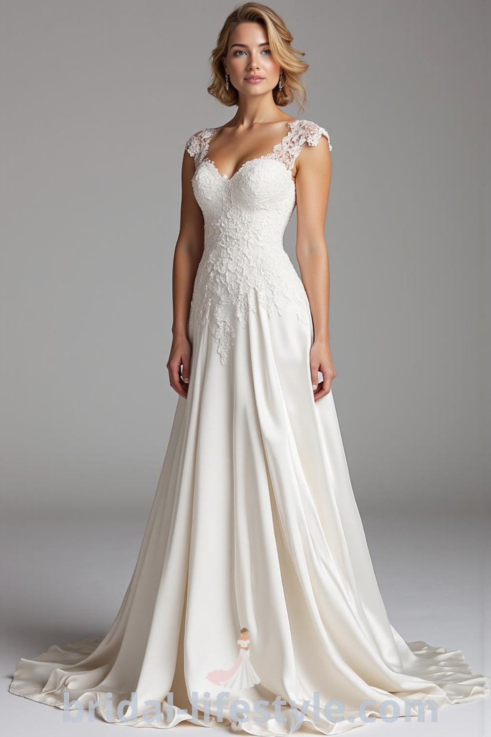 A-line wedding dress in satin with cap sleeves, floral lace appliqués, modest sweetheart neckline, and flowing skirt. bridal-lifestyle.com