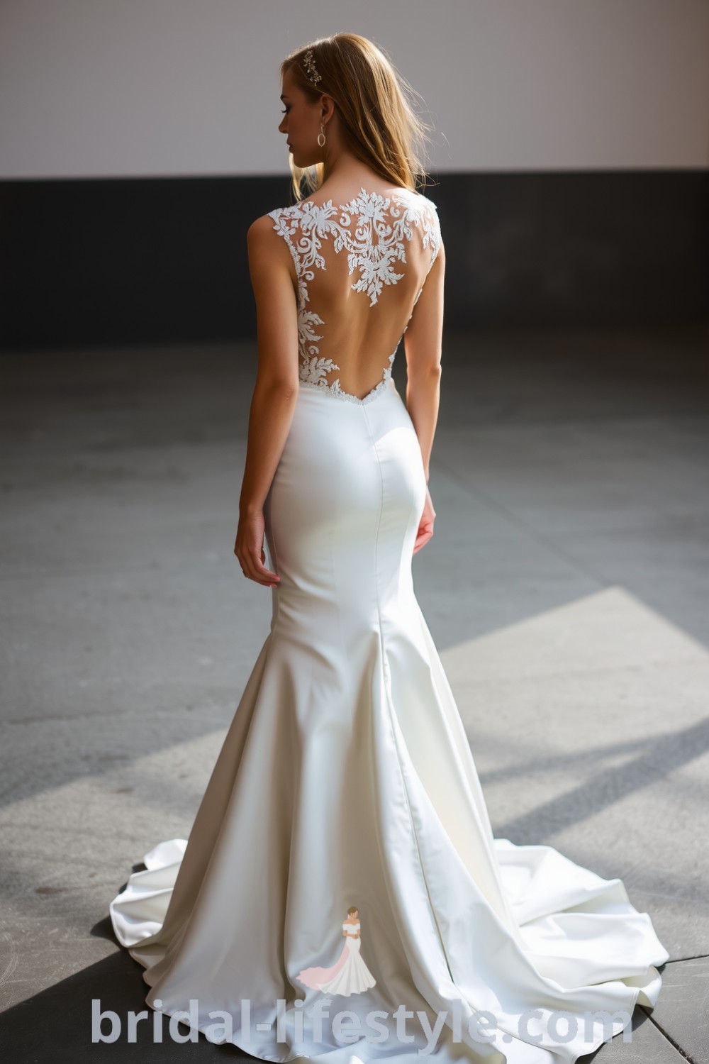 Elegant mermaid wedding dress made of luxurious satin with intricate lace detailing on the neckline and open back design, perfect for dreamy brides seeking inspiration for their special day. bridal-lifestyle.com