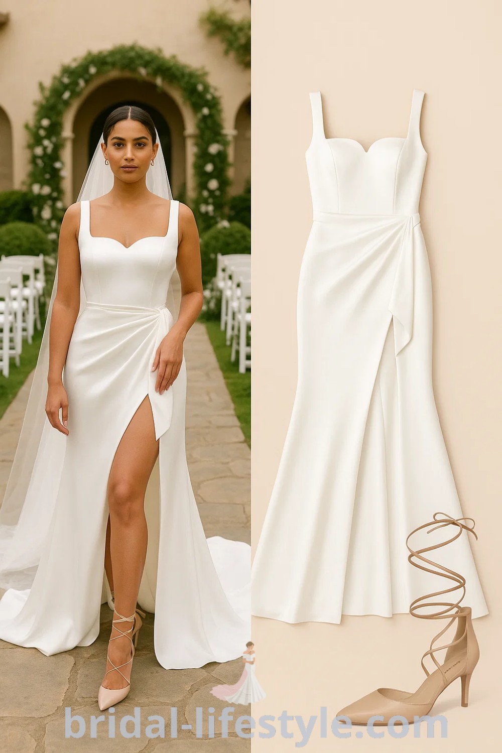 Fitted bodice and flowing skirt of an elegant Mermaid Simple satin wedding dress in white, complemented by nude pointed toe heels and a long white veil, suitable for weddings or formal events, found at pinshoesoutfits.com.
